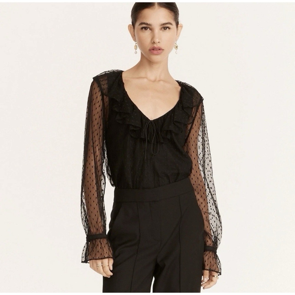 J.Crew Womens Ruffle Neck Sheer Top M Black Edwardian Dot Romantic Whimsigoth